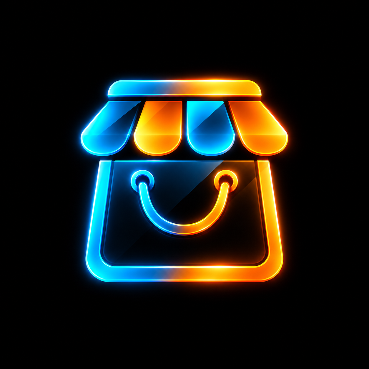 Sacola e vitrine digital nas cores azul e laranja